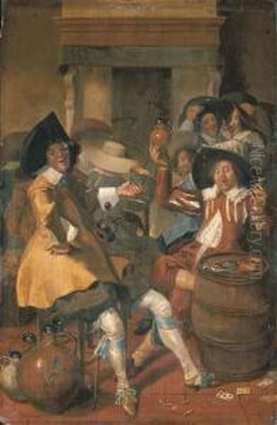 Elegantly Dressed Men Merrymaking In An Interior Oil Painting by Dirck Hals