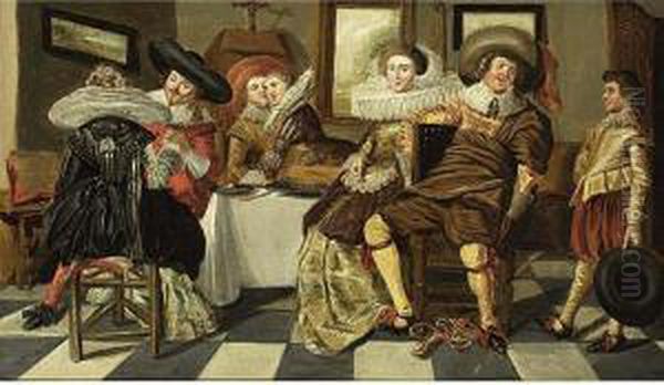 An Elegant Company Dining In An Interior Oil Painting by Dirck Hals