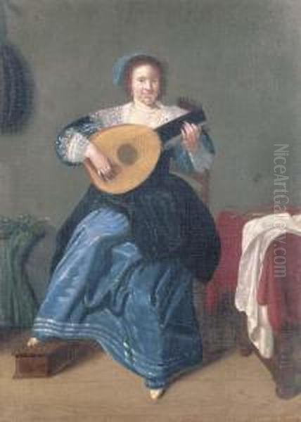 An Elegant Woman Playing The Lute In An Interior Oil Painting by Dirck Hals