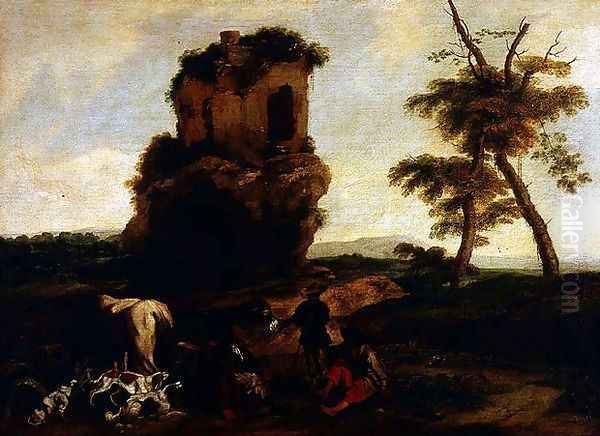 A Landscape with travellers resting near an Inn Oil Painting by Michelangelo Cerquozzi