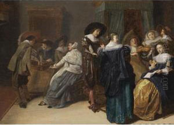 An Elegant Company Making Music And Playing Tric Trac In An Interior Oil Painting by Dirck Hals