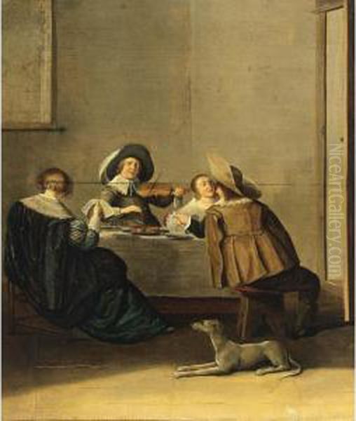 An Elegant Company Making Music In An Interior Oil Painting by Dirck Hals