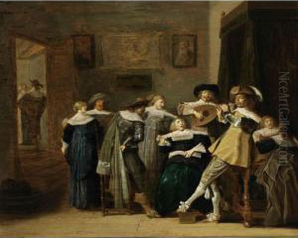 An Elegant Company Playing Music And Singing In An Interior Oil Painting by Dirck Hals