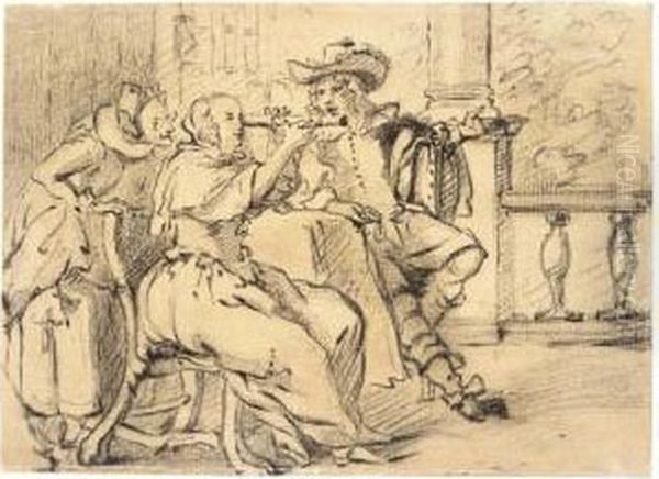 An Elegant Couple Seated On A 
Terrace, The Woman Looking Through A Telescope, An Old Woman Standing 
Behind Oil Painting by Dirck Hals