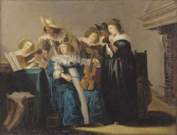 An Elegant Company Making Music In An Interior Oil Painting by Dirck Hals