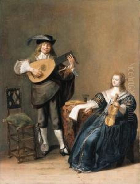 An Allegory Of Love: A Young Man Playing A Lute And A Young Womanplaying A Violin Oil Painting by Dirck Hals