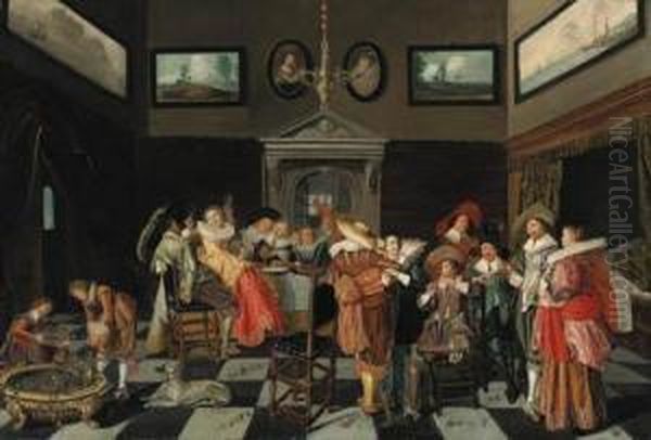 Elegant Company Making Music And Carousing In An Interior Oil Painting by Dirck Hals