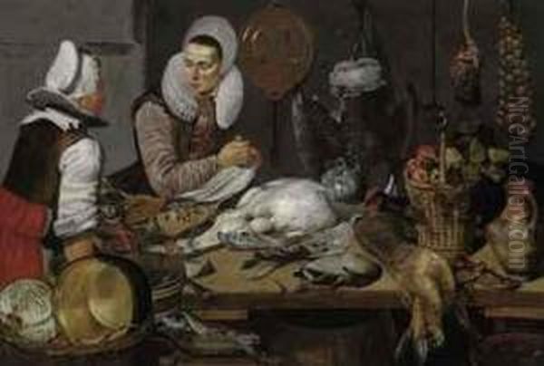 A Kitchen Interior With A Maid And A Lady Preparing Game Oil Painting by Frans Hals