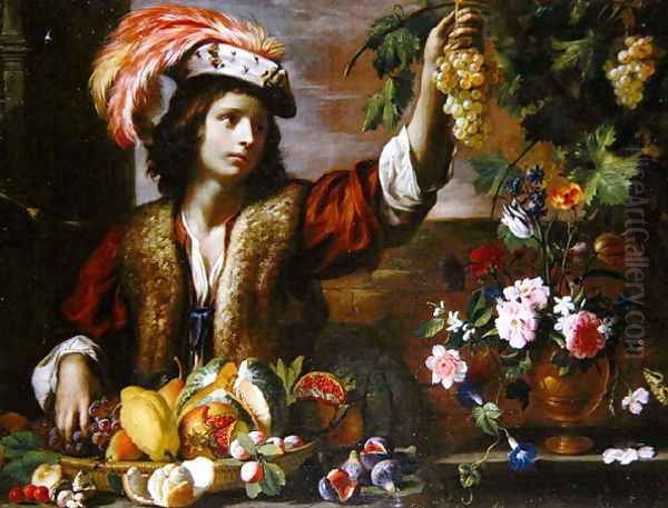 Young Man in a Feathered Hat with Still Life Oil Painting by Michelangelo Cerquozzi