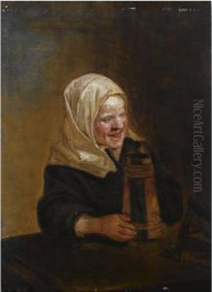 A Young Girl Sitting At A Table, Holding A Beer Mug Oil Painting by Frans Hals