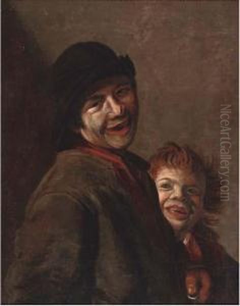 A Young Man With A Coin In His Hand And A Child Laughing Oil Painting by Frans Hals