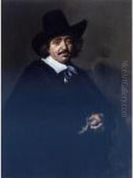 Portrait Of A Gentleman, 
Three-quarter Length, In A Black Coat And Cape With A Black Hat, Holding
 Gloves Oil Painting by Frans Hals