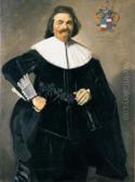 Portrait Of Tieleman Roosterman,
 Three-quarter-length, In A Blackdoublet And Breeches, With A White Ruff
 And Cuffs, His Hat In Hisright Hand Oil Painting by Frans Hals