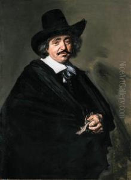 Portrait Of A Gentleman, 
Three-quarter-length, In A Black Coat Andcape With A Black Hat, His 
Gloves In His Left Hand Oil Painting by Frans Hals