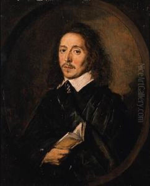 Portrait Of A Gentleman, Half-length, In A Black Coat And Collar,holding A Book Oil Painting by Frans Hals