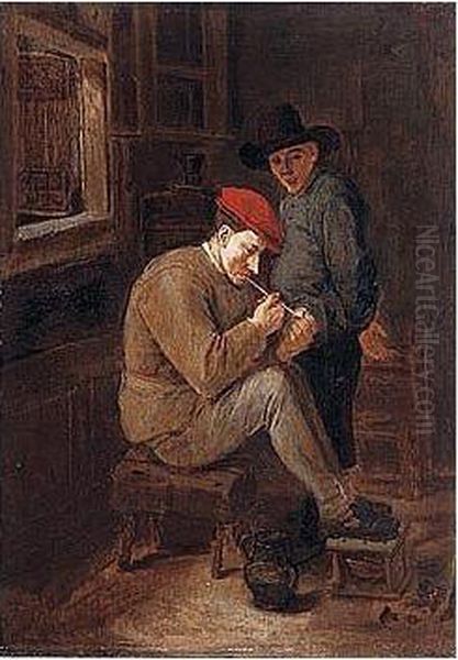 A Peasant Interior With A Man Lighting A Clay Pipe, Another Figure Standing Beside Him Oil Painting by Harmen Fransz. Hals