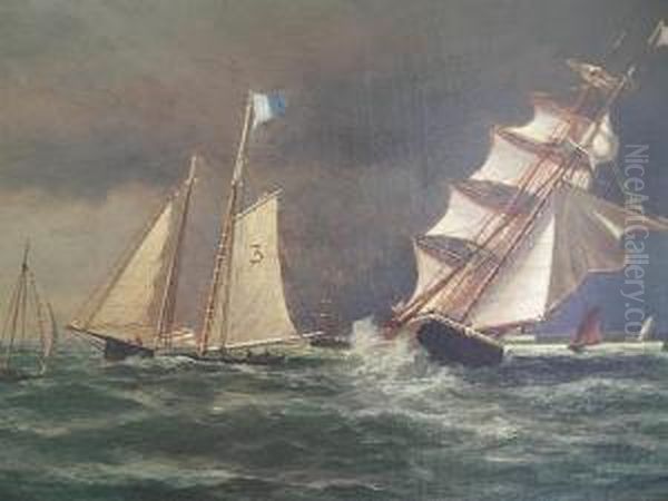 Coastal Storm Withships And A Tug Off Oil Painting by William Formby Halsall