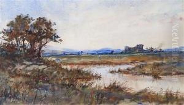 River Landscape With Ruins In The Distance Oil Painting by Keeley Halswelle