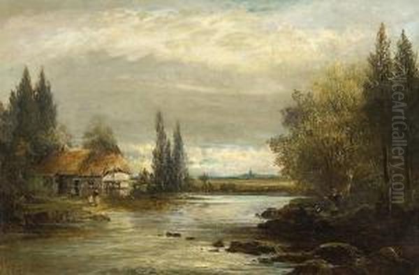 River Landscape With Cottage And Figures Oil Painting by Keeley Halswelle