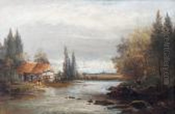 River Landscape With Cottage And Figures Oil Painting by Keeley Halswelle