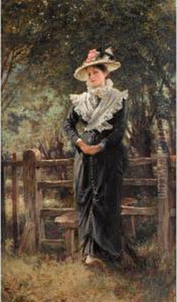 Portrait Of Miss Collinson Shedley Before A Stile Oil Painting by Keeley Halswelle