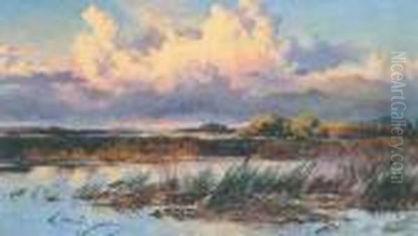 Pond With Reeds In An Extensive Landscape Oil Painting by Keeley Halswelle