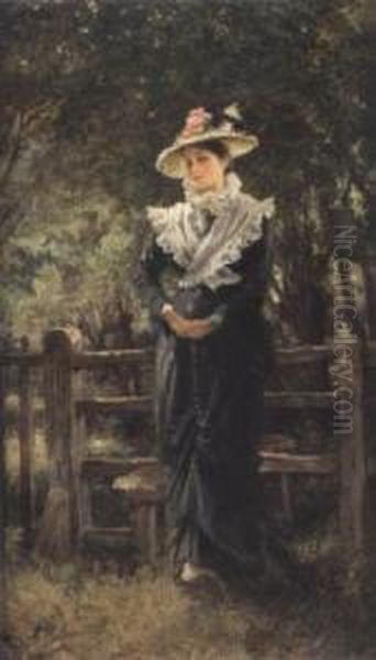 Portrait Of Miss Collinson Shedley Standing Beside A Stile Oil Painting by Keeley Halswelle