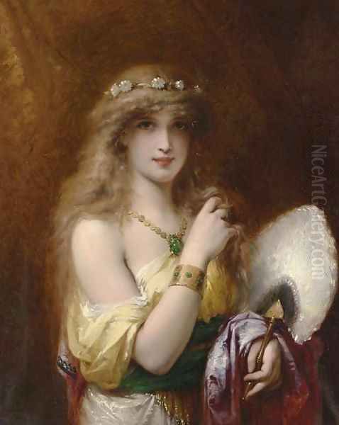 A Young Beauty holding a Fan Oil Painting by Pierre Oliver Joseph Coomans