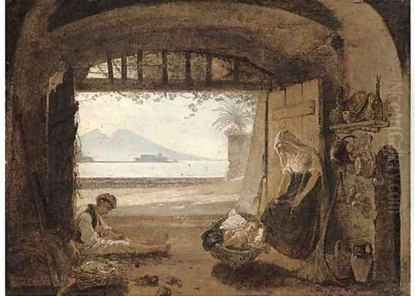 Neapolitan fisherfolk in a hut before the Bay of Naples Oil Painting by Franz Ludwig Catel