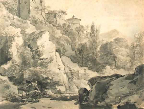 Italianate buildings on a rocky rise by a river, hills beyond Oil Painting by Adrian van der Cabel