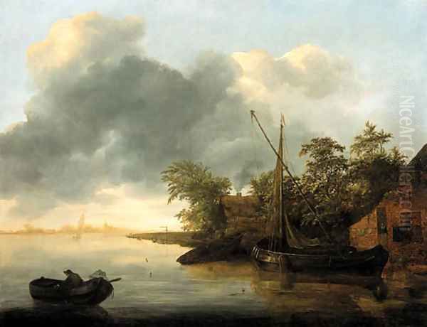 River scene Oil Painting by Adrian van der Cabel