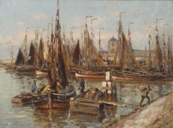 Ships In The Harbour Of Katwijk Oil Painting by Wilhelm Hambutchen