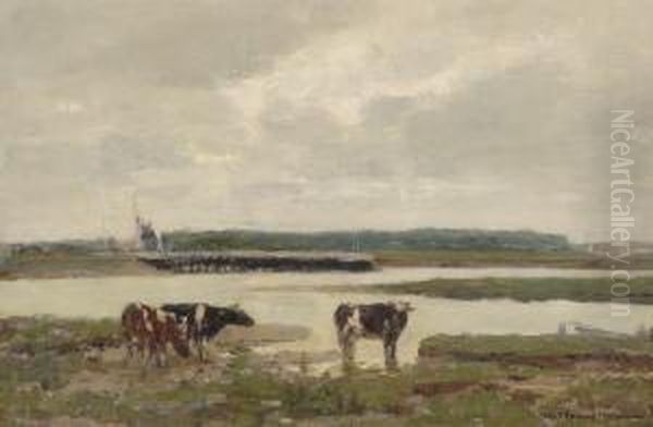 Cows By The River The Ijssel Oil Painting by Wilhelm Hambutchen