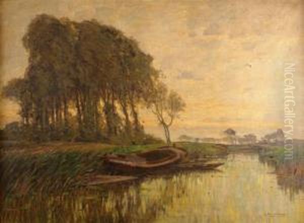 Evening At The Lower Rhine Oil Painting by Wilhelm Hambutchen