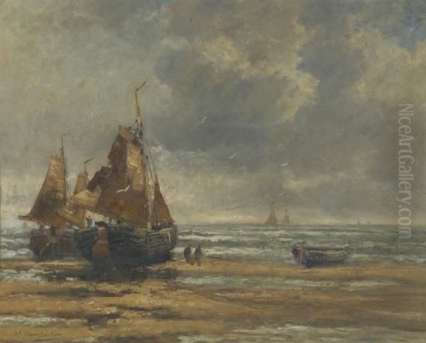 Fischerboote Am Strand - Oil Painting by Wilhelm Hambutchen