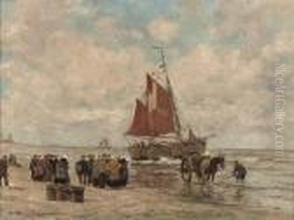 A Gathering On The Beach Of Katwijk Oil Painting by Wilhelm Hambutchen