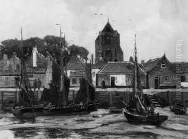 Ein Hollandischer Fischerhafen. 
Signiert Unten Rechts: W. Hambuchen. Ol Auf Leinwand. H 60; B 80 Cm. Oil Painting by Wilhelm Hambutchen