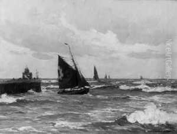 Fischerboote Vor Der 
Hafeneinfahrt. Signiert Unten Rechts: W. Hambuchen. Ol Auf Leinwand. H 
61; B 81 Cm. Oil Painting by Wilhelm Hambutchen