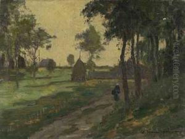 Sommerlandschaft Mit Gehoft, Garben Und Bauerin Oil Painting by Wilhelm Hambutchen