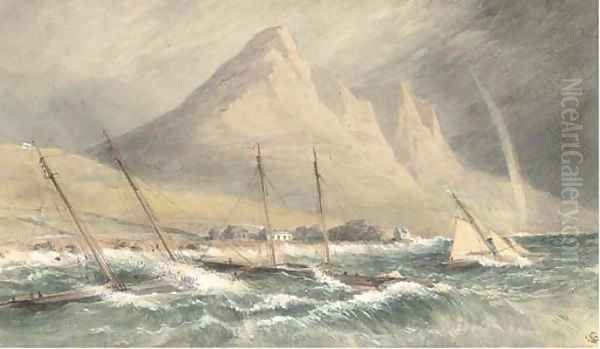 Racing schooners anchored inshore and riding out the gale off the Irish coast, possibly Co. Down Oil Painting by John Callow