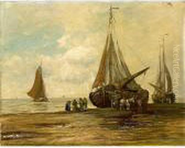 Unloading The Catch, Katwijk Oil Painting by Wilhelm Hambutchen