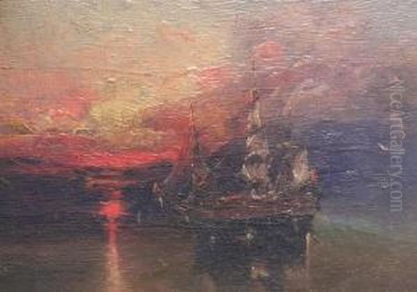 Ship At Sunset Oil Painting by James Hamilton