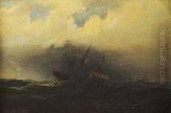 Ships On Stormy Sea Oil Painting by James Hamilton