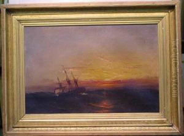 Ship At Sea, Sunset Oil Painting by James Hamilton