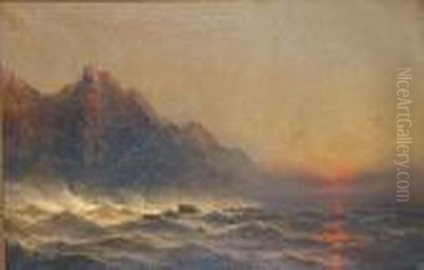 Breakers Crashing On The Rocks, Sunset Oil Painting by James Hamilton