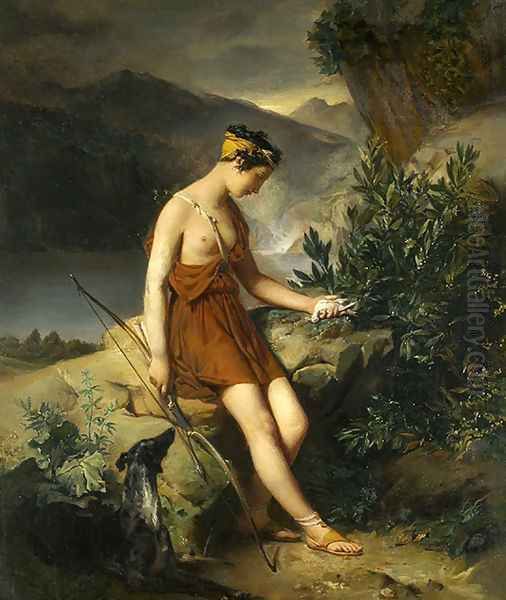 Jeune chasseresse déplorant l'innocente victime de son adresse Oil Painting by Leon Cogniet