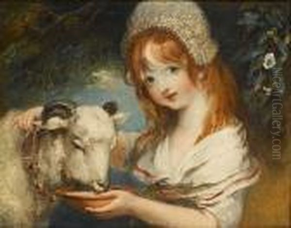 A Young Girl Feeding A Lamb Oil Painting by William Hamilton