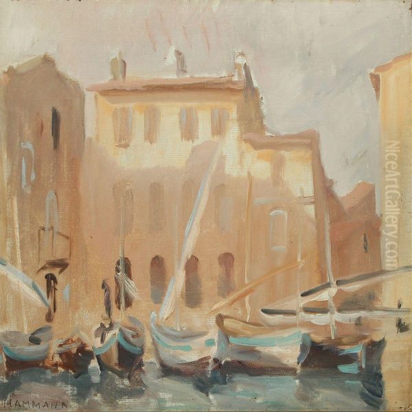 View From Martigues In France With Sailing Boats Oil Painting by Marius Hammann