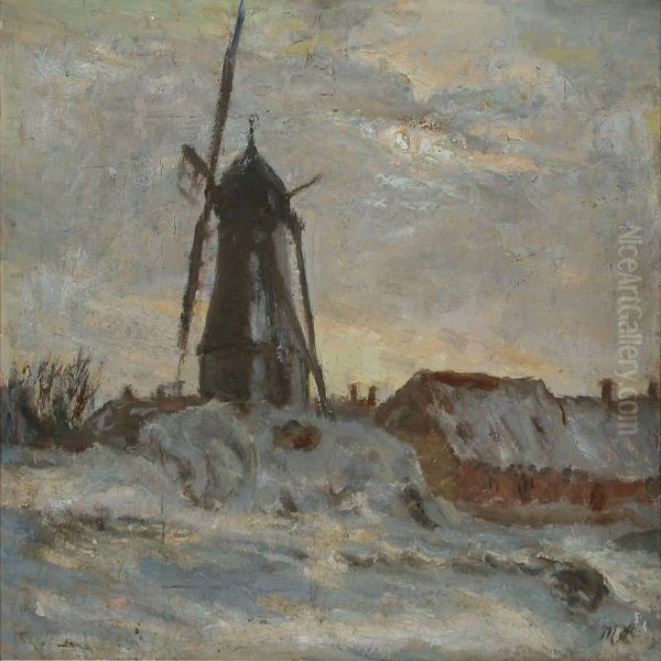 Wintry Landscape With Mill Oil Painting by Marius Hammann