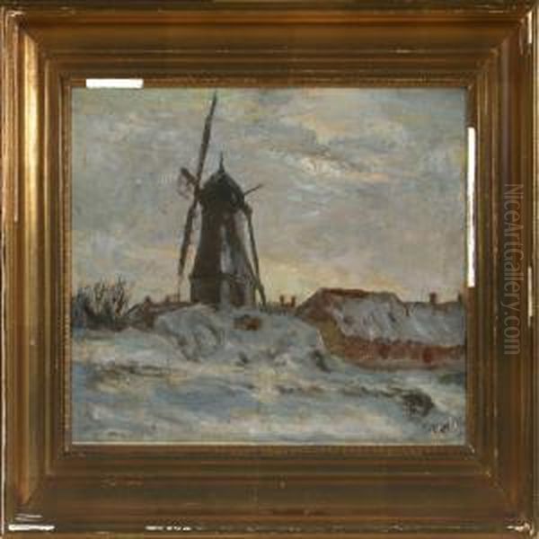 Snow-covered Landscapewith Mill Oil Painting by Marius Hammann